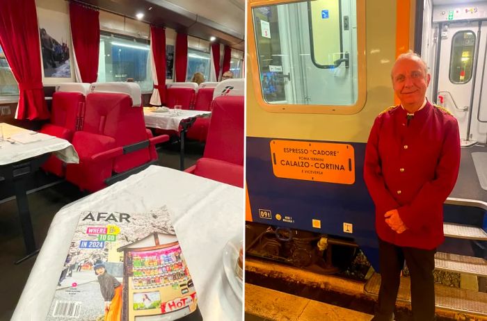 Dining car featuring red seats alongside a copy of Dinogo (L); a train attendant in a red jacket (R)