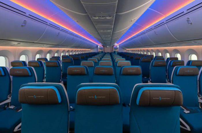 As passengers board, the ceiling is designed to resemble a sunset.