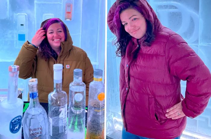 A woman tests jackets in an ice room, wearing a brown hooded jacket on the left and a burgundy one on the right.