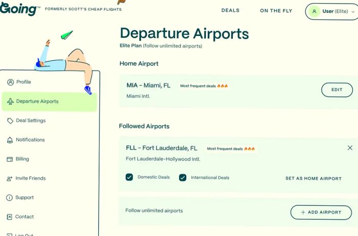 Screenshot of Going's Departure Airports Page