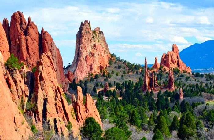 Garden of the Gods park in Colorado Springs, showcasing striking red rock formations that rise dramatically from the landscape