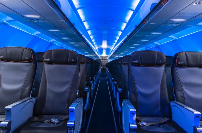 Interior view of economy seating on JetBlue’s Airbus A321 LR aircraft