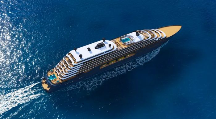 Aerial perspective rendering of the upcoming Ilma super-yacht in motion.