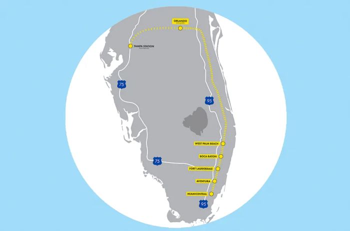 Map showing Brightline's train stations across Florida