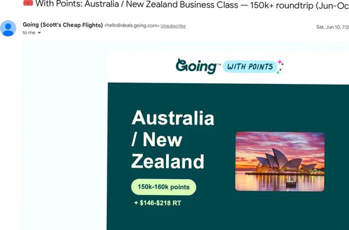 Sample Going with Points Email About Australia/New Zealand