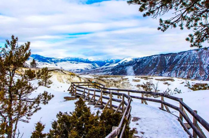 A serene, snow-covered path in Yellowstone, framed by distant hills