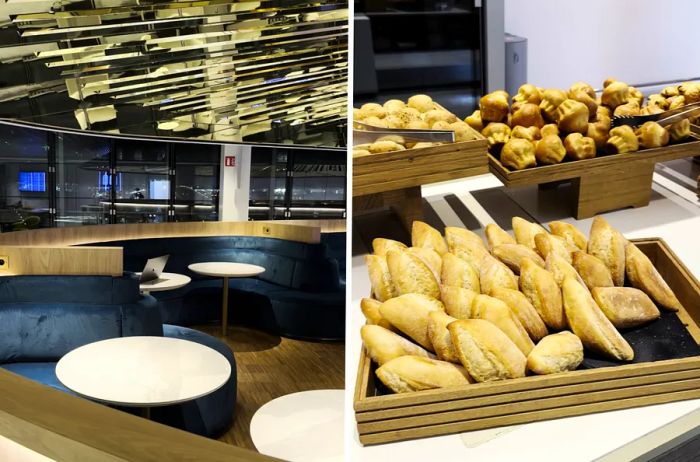 The Air France lounge at Paris's CDG airport features plenty of seating, a variety of food options, and numerous amenities for travelers.