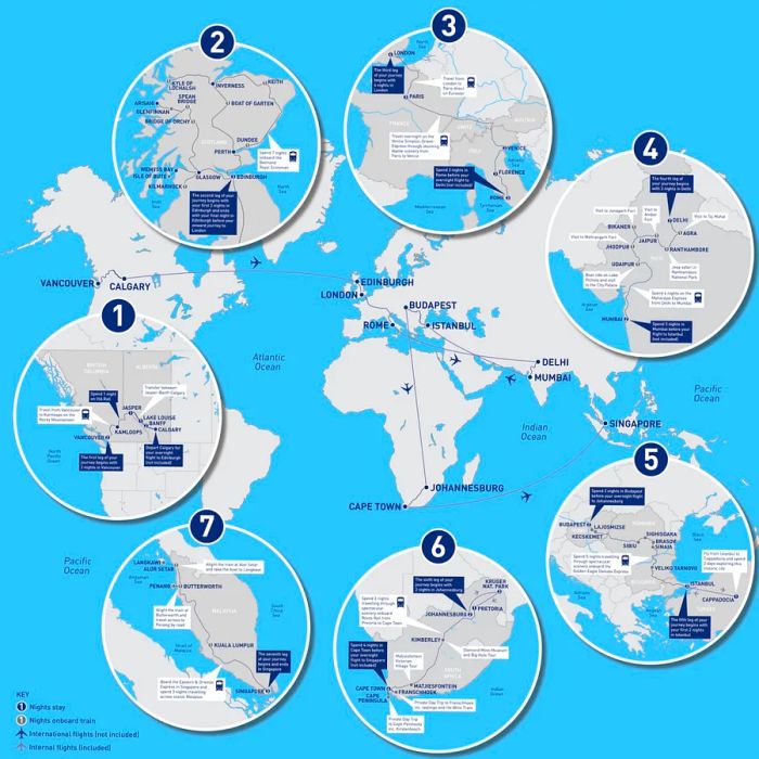 A visual representation of Railbookers' Around-the-World by Luxury Train journey, highlighting the locations of seven routes