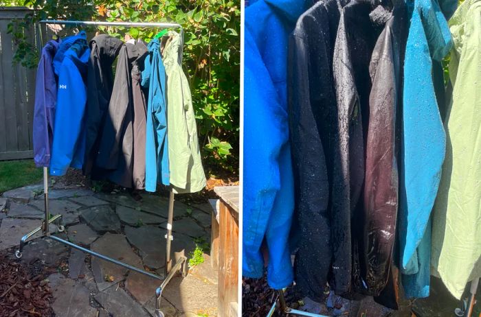 Two perspectives of rain jackets and winter coats hanging on a rack undergoing a hose test to evaluate their waterproofing, focusing closely on the right one.