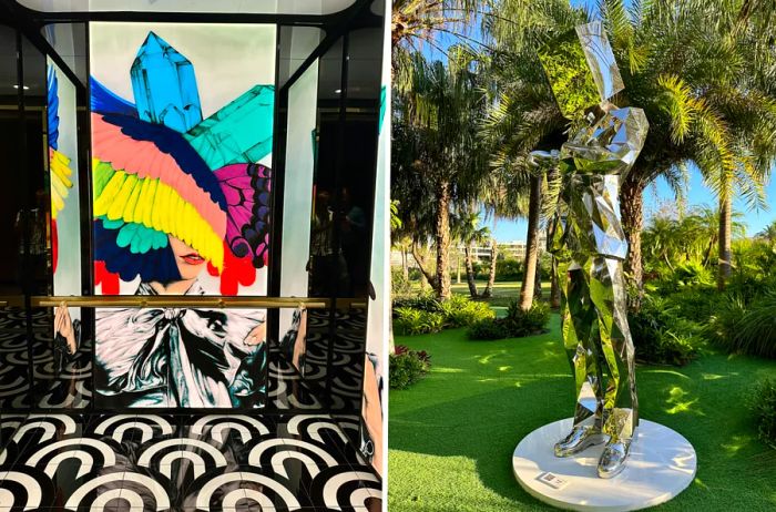 Vibrant contemporary art decorates the hotel lobby (L) and the exterior (R) at the Wave Hotel in Florida.