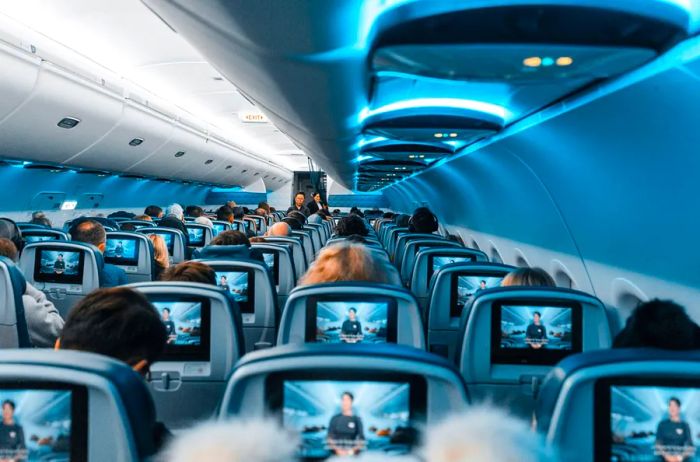 Rows of airplane seats featuring an inflight safety video on all the seatback screens