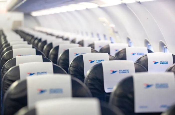 Interior view of an Airbus A320neo from Atlantic Airways, empty of passengers