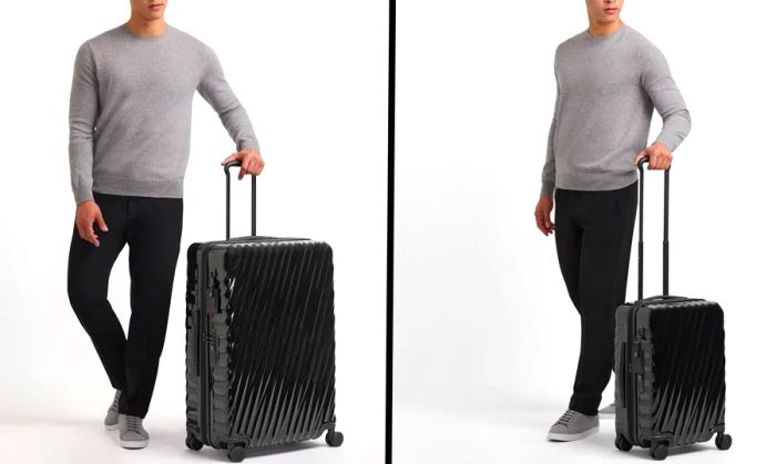 Side-by-Side Comparison of Tumi 19 Degree Expandable 4 Wheeled Checked Suitcase (L) and Carry-On (R)