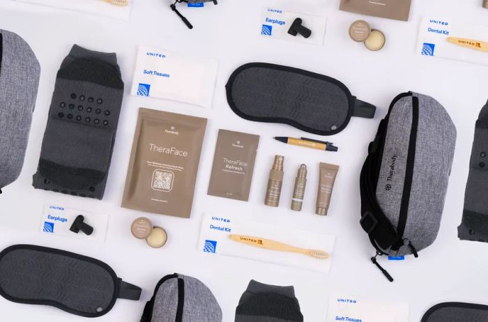 Aerial view showcasing the products in the United Polaris amenity kit