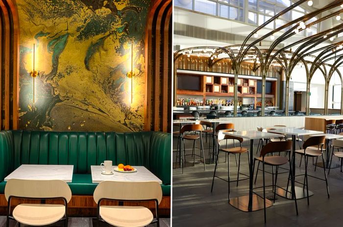 Two perspectives of the Amex Centurion Lounge in Seattle: a dark green banquette paired with small white tables (L) and a vacant bar featuring high-top chairs and tables (R)