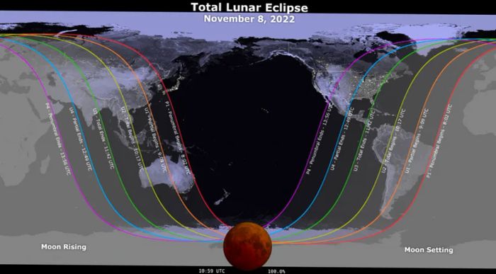 A visual guide indicating the areas where the lunar eclipse on November 8, 2022, can be observed.