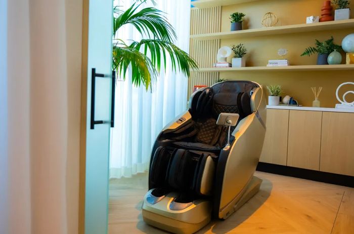 A massage chair at the Boston Chase Sapphire Lounge by the Club