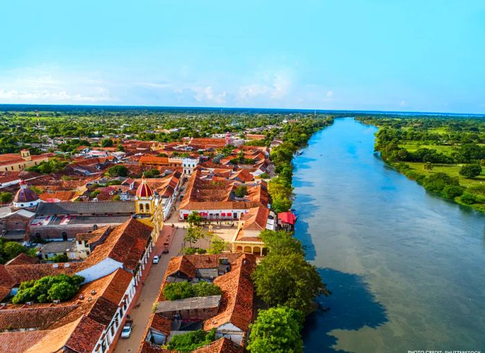 An aerial view showcasing Mompox, a picturesque town situated along the Magdalena River in Colombia.