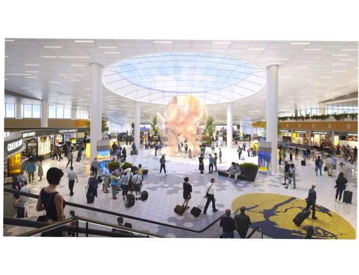 Interior rendering of Terminal 6 with passengers at JFK Airport