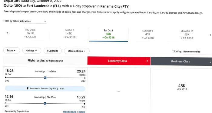 Screenshot of the Aeroplan booking page