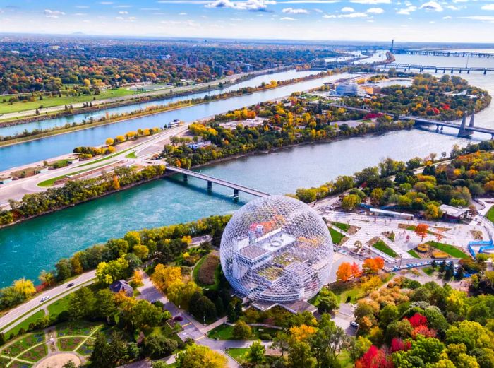 Aerial view of Montreal featuring the Biosphere Environment Museum