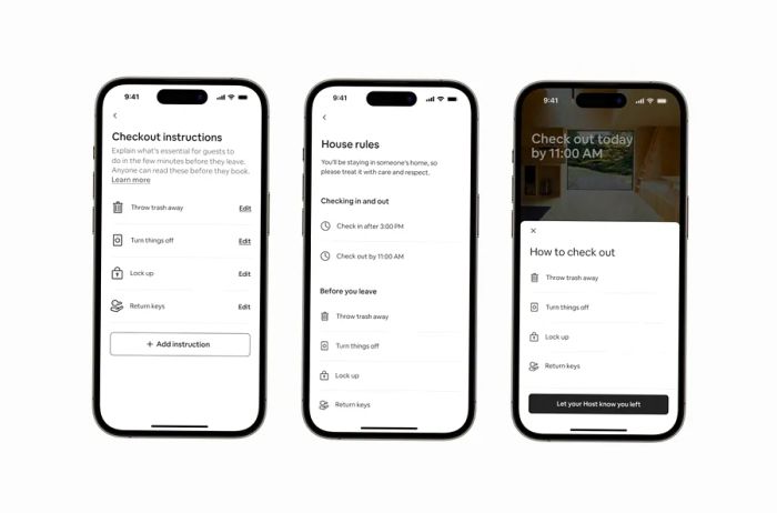 Airbnb transparent checkout instructions displayed on three mobile screens