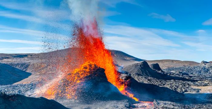 Lava erupting from an active volcano in Iceland