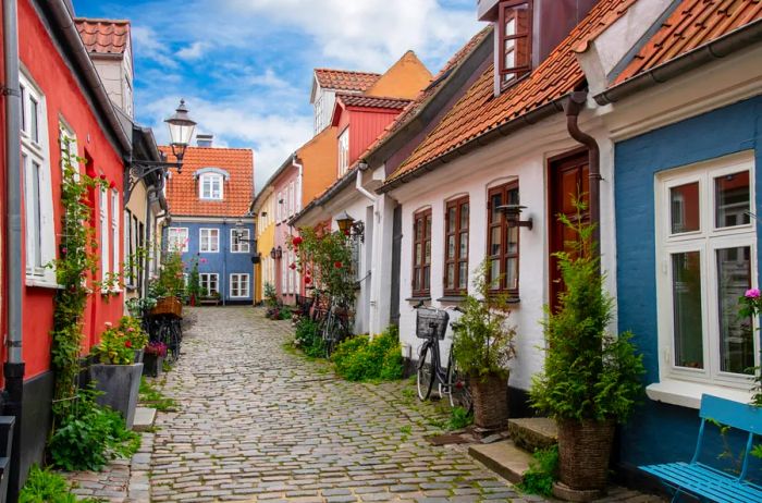 Vibrant houses lining a residential street in Aalborg