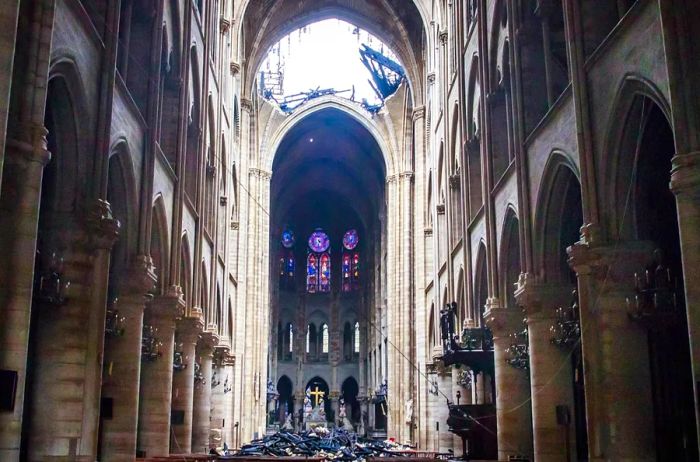 The interior of Notre-Dame right after the fire in April 2019