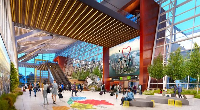 Interior concept of the new Terminal 1 at JFK airport featuring people walking or resting on benches, alongside I Love NY artwork