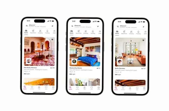 Airbnb accommodations displayed on three mobile screens