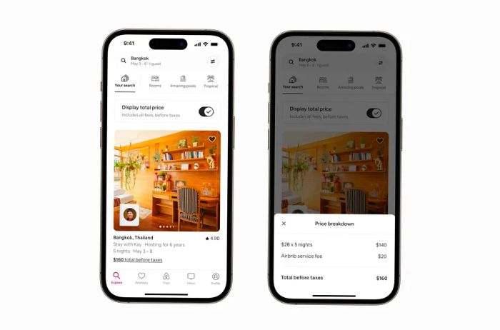 Airbnb total price display on a mobile device