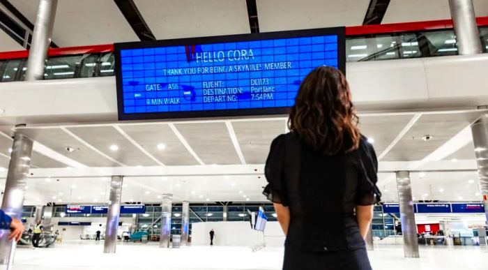 A woman interacting with the Delta Parallel Reality display at the airport