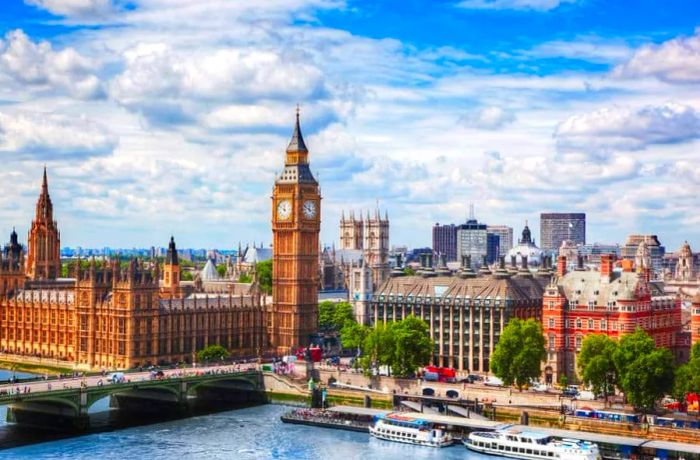 View of Big Ben, Westminster Bridge on the River Thames in London, UK