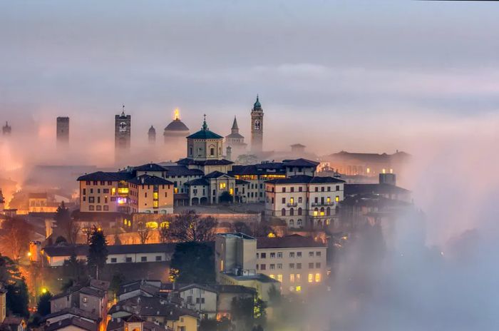 Mist envelops Bergamo, Italy