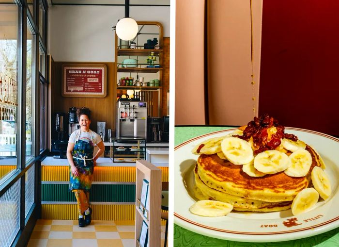 Chef Stephanie Izzard from Little Goat Diner with a delicious stack of banana pancakes