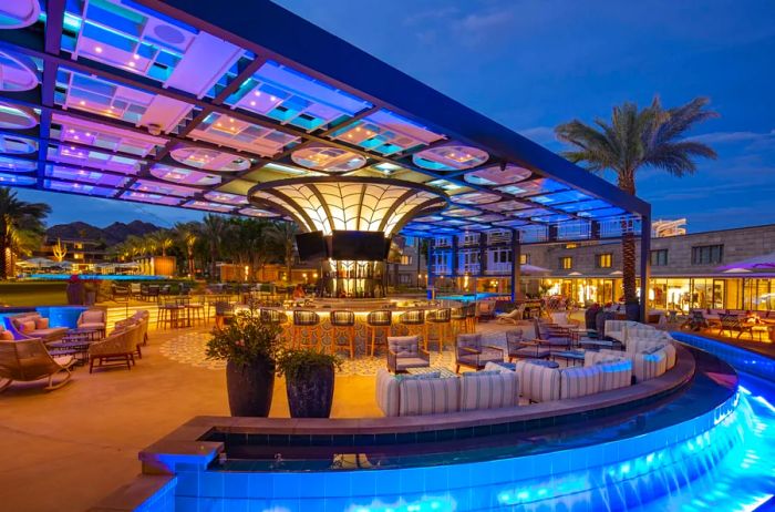 The outdoor Spire Bar, complete with a water feature and decorative awning, at the Arizona Biltmore, Phoenix, Arizona