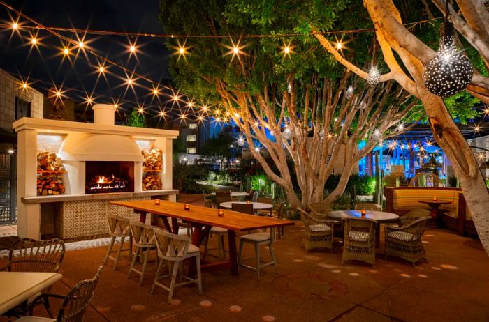 Bistro lights twinkling above the patio of Renata’s Hearth at the Arizona Biltmore, Phoenix, Arizona