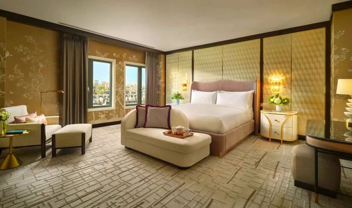 The Royal Suite at Mandarin Oriental is the largest in the hotel, featuring a primary bedroom wing, a media room, and a spacious living and dining area.