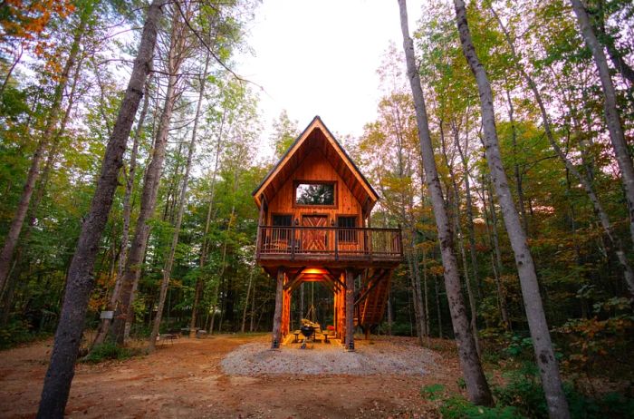 Cozy wooden cabin perched on stilts, nestled among the trees