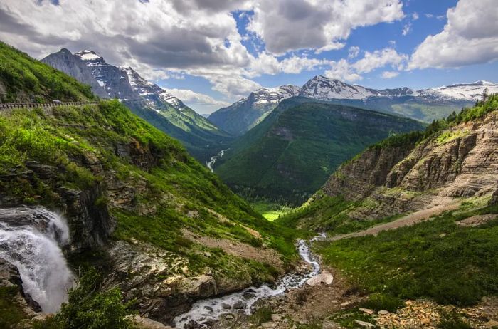 A lush green river valley in Glacier National Park, featuring a portion of the Going-to-the-Sun Road on the steep hillside to the left.