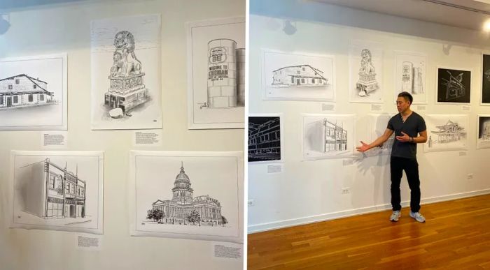 Left: A collection of black-and-white illustrations displayed on a wall. Right: A man observing the illustrations.