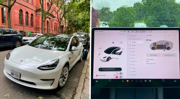 Left image displays a white Tesla, while the right image features an electronic display.