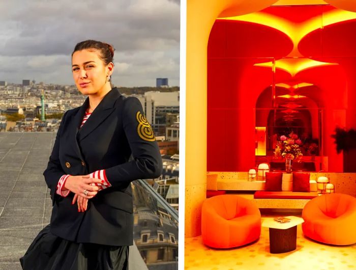 Left: Julie Benoit, Head of Guest Experience at SO/ Paris, stands on a rooftop. Right: A stylish room featuring orange chairs, decor, and lighting.