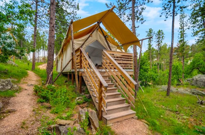 The exterior of a canvas tent with wooden stairs, nestled among trees.