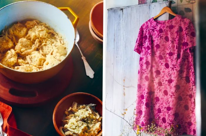 On the left, Wilkinson’s chicken and dumplings are displayed in a large pot and a small bowl on a table. On the right, her grandmother’s pink dress hangs gracefully on a door.