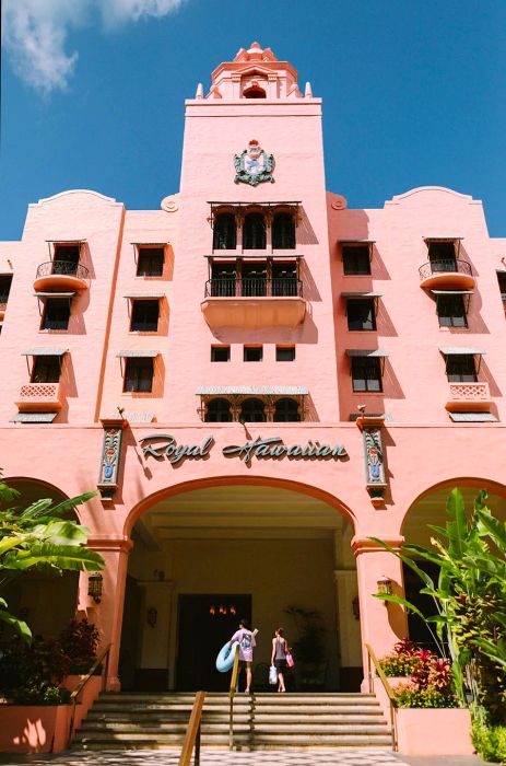 Exterior view of the iconic pink Royal Hawaiian hotel