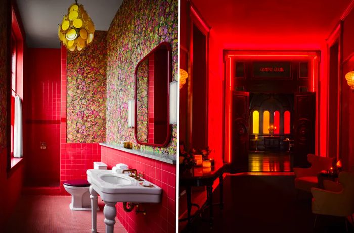 A bathroom (L) adorned with red paint and patterned wallpaper; a dark lobby bar illuminated in red neon at the Hotel Saint Vincent.