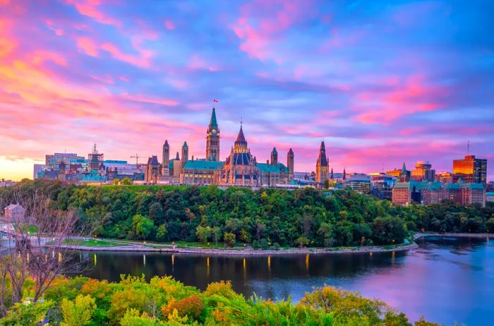 Parliament Hill in Ottawa, Ontario, Canada, captured at sunset