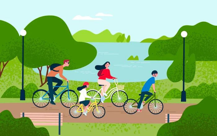 Illustration of cyclists on a path in a park, passing a pond with two benches